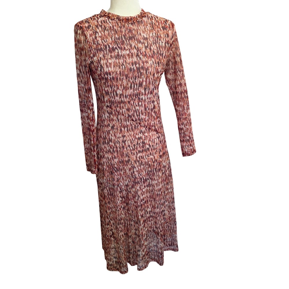 Kate and Lily Women Rust Brown Abstract Mesh Mock Neck Midi Dress Size 6 Bodycon